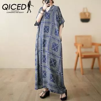 QICED Весна-лето, тонкий хлопок, конопля, с v-образным вырезом, большие размеры, свободное художественное праздничное пляжное платье в стиле ретро, длинный халат с мясом