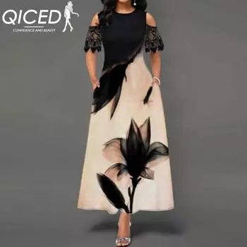 QICED Весна-лето Женские Длинные Платья Пэчворк С Напечатанными Кружевными Рукавами S чёрный