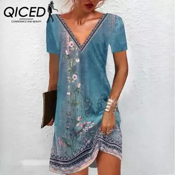 QICED Весна-Лето Женские Платья Повседневные С V-образным Вырезом С Набивным Рисунком S красный