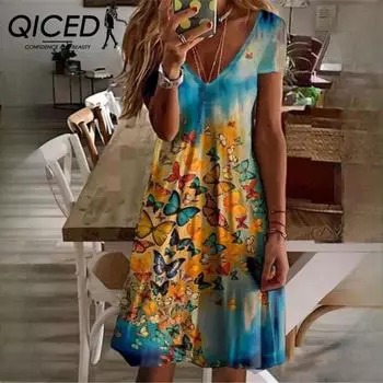 QICED Весна/лето Женские повседневные городские платья с V-образным вырезом и коротким рукавом с принтом S белый