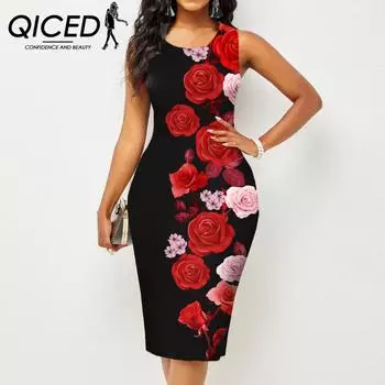 QICED Весна Лето Женские Темпераментные Платья Без Рукавов Бедра Печатный S