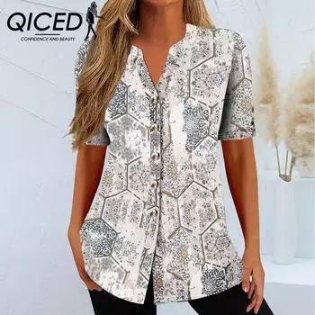 QICED Весна Лето Женский Кардиган Этнический Принт Футболка С Короткими Рукавами Женщина S