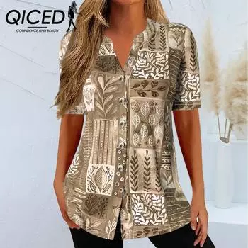 QICED Весна Лето Женский Кардиган Модный Принт С Короткими Рукавами Футболка Женская S хаки