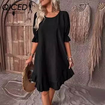QICED Весна/лето Женское винтажное платье из хлопка и льна со средними рукавами и круглым вырезом, однотонное, свободное, с большим качелями S чёрный