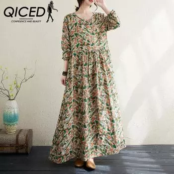 QICED Весна-Осень, большой размер, праздничное, ветровое, с круглым вырезом, винтажная длинная юбка, платье из мяса, хлопка и льна с цветочным принтом