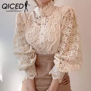 QICED Весна Осень Французский Мешковатый Шикарный Рубашка с длинными рукавами и воротником-стойкой, кружевом, вырезом, цветочным узором и тяжелыми пуговицами S белый