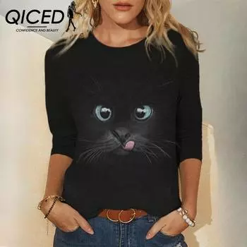 QICED Весна Осень Печатные Топы Женская Футболка С Длинным Рукавом О-Образным Вырезом S