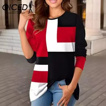 QICED Весна Осень Женская мода Позиционирование Принтованная О-образным вырезом Длинный рукав Футболка S зелёный