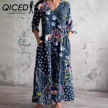 QICED Весна Осень Женская Мода Позиционирование Печатный V-образный вырез Длинный рукав Карман Платье S