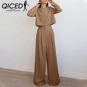 QICED Высококачественный модный всесезонный женский комплект, короткий топ, однотонные широкие брюки S