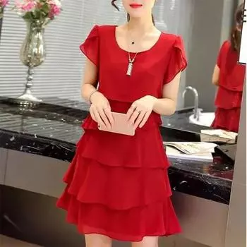 QICED весенне-летнее длинное шифоновое платье женское с коротким рукавом, свободное, с тонким прикрытием для живота, большого размера M чёрный