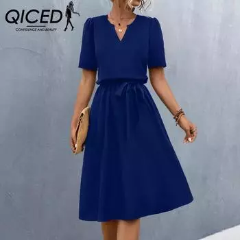 QICED весенне-летнее однотонное свободное женское платье с v-образным вырезом и короткими рукавами на шнуровке S чёрный