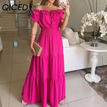 QICED/весенне-летнее однотонное женское платье с короткими рукавами и принтом, женское модное платье Ethos с оборками, однотонное платье с пышными рукавами S красный