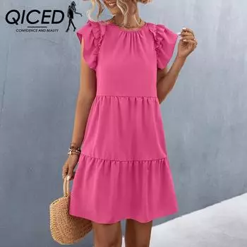 QICED весенне-летнее свободное женское однотонное платье с короткими рукавами и круглым вырезом S розовый
