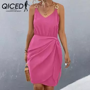 QICED/весенне-летнее женское платье без рукавов на подтяжках с металлической пряжкой и запахом S чёрный