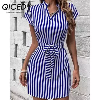 QICED/весенне-летнее женское платье в полоску с v-образным вырезом и v-образным вырезом в полоску, на шнуровке S синий