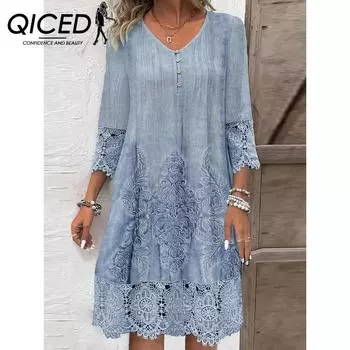 QICED весенне-осеннее женское платье с v-образным вырезом, длинная юбка, кружево с принтом