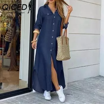 QICED весенне-осенняя модная сексуальная однобортная рубашка, длинная юбка, свободное платье с лацканами S