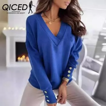 QICED весенне-осенняя свободная однотонная женская футболка с v-образным вырезом и длинными рукавами на пуговицах S белый