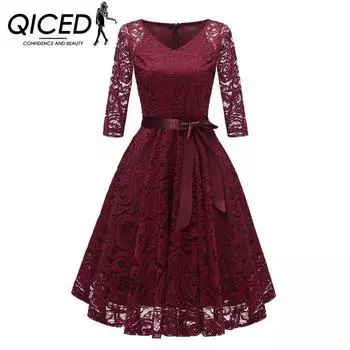 QICED весеннее сексуальное кружевное платье с длинными рукавами и v-образным вырезом на шнуровке S