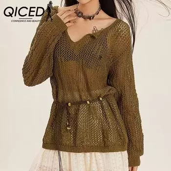 QICED весна-лето ажурная трикотажная женская одежда с V-образным вырезом и длинным рукавом для защиты от солнца, одежда с кондиционером, модная повседневная простая женская одежда со шнуровкой Uniform size