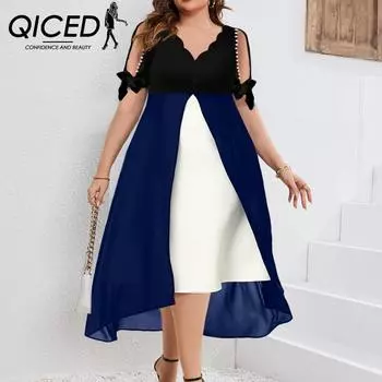 QICED весна-лето плюс размер женские платья с V-образным вырезом и поддельными двумя нерегулярными рукавами средней длины S синий