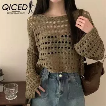 QICED весна-лето Spice Girl темперамент длинный рукав ажурный трикотаж тонкая солнцезащитная блузка блузка женская Uniform size