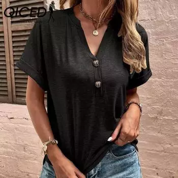 QICED весна-лето женская блузка однотонная с закрученными пуговицами модная с коротким рукавом женская S чёрный