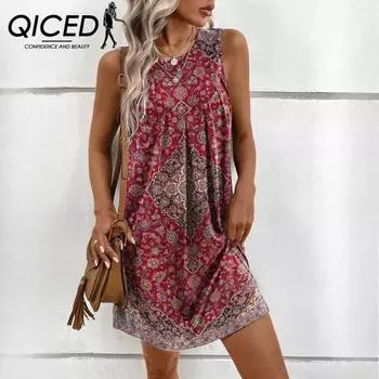 QICED весна-лето женские безрукавки принтованные этнические модные платья S красный