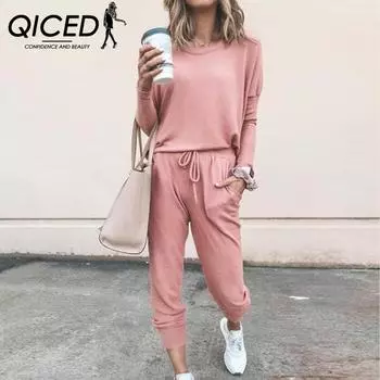 QICED весна осень женский свободный однотонный повседневный костюм с длинным рукавом S розовый
