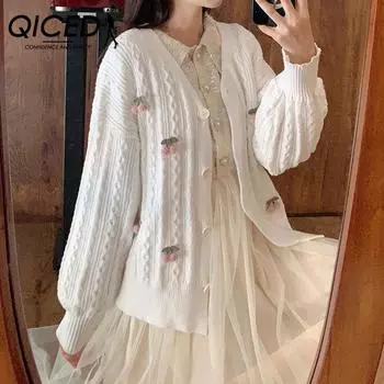 QICED Белый кардиган женский весна и осень свободный внешний вид с милым свитером сверху маленький свежий свитер с длинными рукавами Uniform size белый