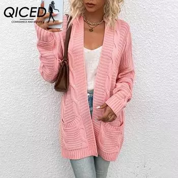 QICED Женский осенне-зимний кардиган с переплетением, женский длинный кардиган с переплетением нитей S