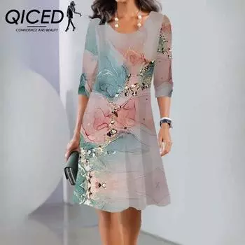 QICED Женские Осенние Новые Платья Миди С Длинным Рукавом и О-Образным Вырезом S зелёный/красный