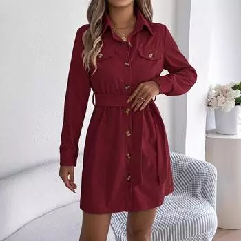 QICED Women s Casual Solid-color Single-breasted Long-sleeved Lace-up Corduroy Shirt Dress for Autumn and Winter Dress S