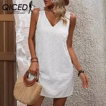 QICED Женское хлопковое вышитое кружевное платье без рукавов с бретелькой через шею S белый