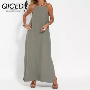 QICED Women s Fashion Casual Cotton and Linen Split Halter Dresses S чёрный