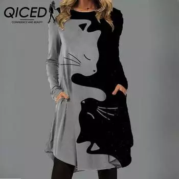 QICED Женские модные платья с принтом кошек на осень/зиму с длинным рукавом и круглым вырезом S серый