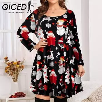 QICED Women s Fashion Christmas Print Midi Sleeve Plus Size Dresses XL чёрный