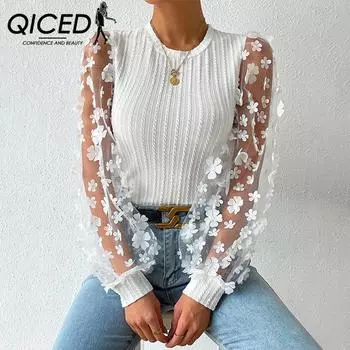 QICED Женская рубашка из шифона с цветочным узором из марли, женская весенне-летняя утягивающая кофточка с круглым вырезом и длинными рукавами S белый