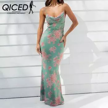 QICED Women s Slim Sexy Backless Lace-up Print Halter Dress