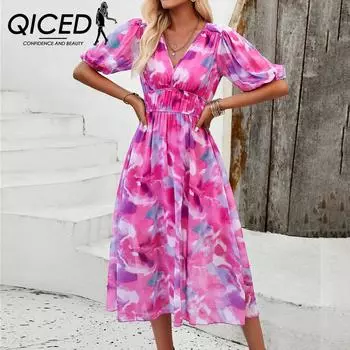 QICED Women s Spring and Summer Holiday Leisure Printed Waist V-neck Dress