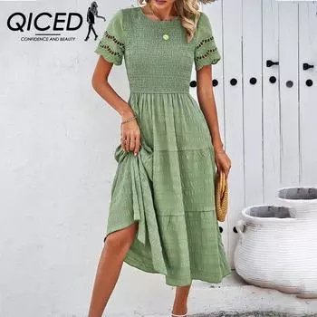 QICED Женское весенне-летнее платье с коротким рукавом Pure Color Temperament Play Hollow S белый