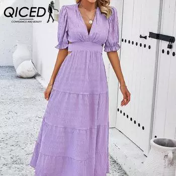 QICED Женское весенне-летнее темпераментное однотонное платье с v-образным вырезом на талии S