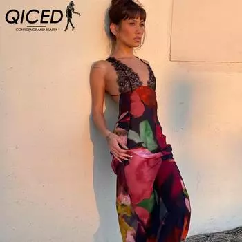 QICED Женское весеннее пляжное платье без рукавов с принтом и большим вырезом на шее S
