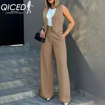 QICED Women s Suit Vest Wide Leg Pants Casual Suit S белый