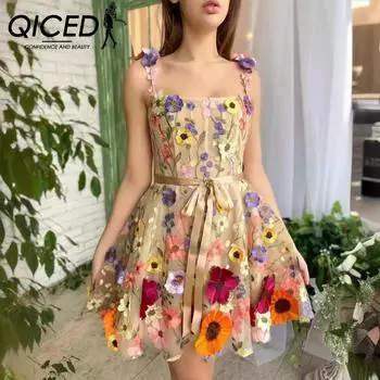 QICED Женская трехмерная сумка с цветочной вышивкой, сексуальное платье на бедрах S