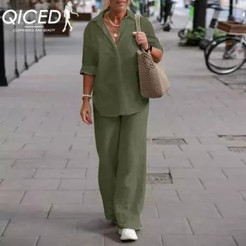 QICED Женский костюм из двух частей: рубашка-поло с длинным рукавом, весенне-осенний, повседневный, однотонный, брюки с широкими штанинами S светло-коричневого