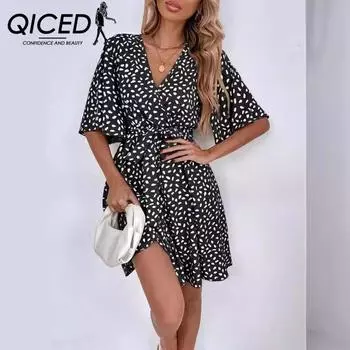 QICED Женское платье в тон с V-образным вырезом и короткими рукавами на талии S хаки