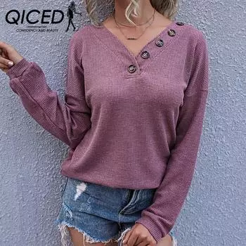 QICED Женская вафельная однотонная свободная повседневная футболка с v-образным вырезом и пуговицами на весну и осень S чёрный