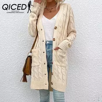 QICED вязаный осенне-зимний длинный женский свитер с переплетенными нитками на пуговицах S жёлтый